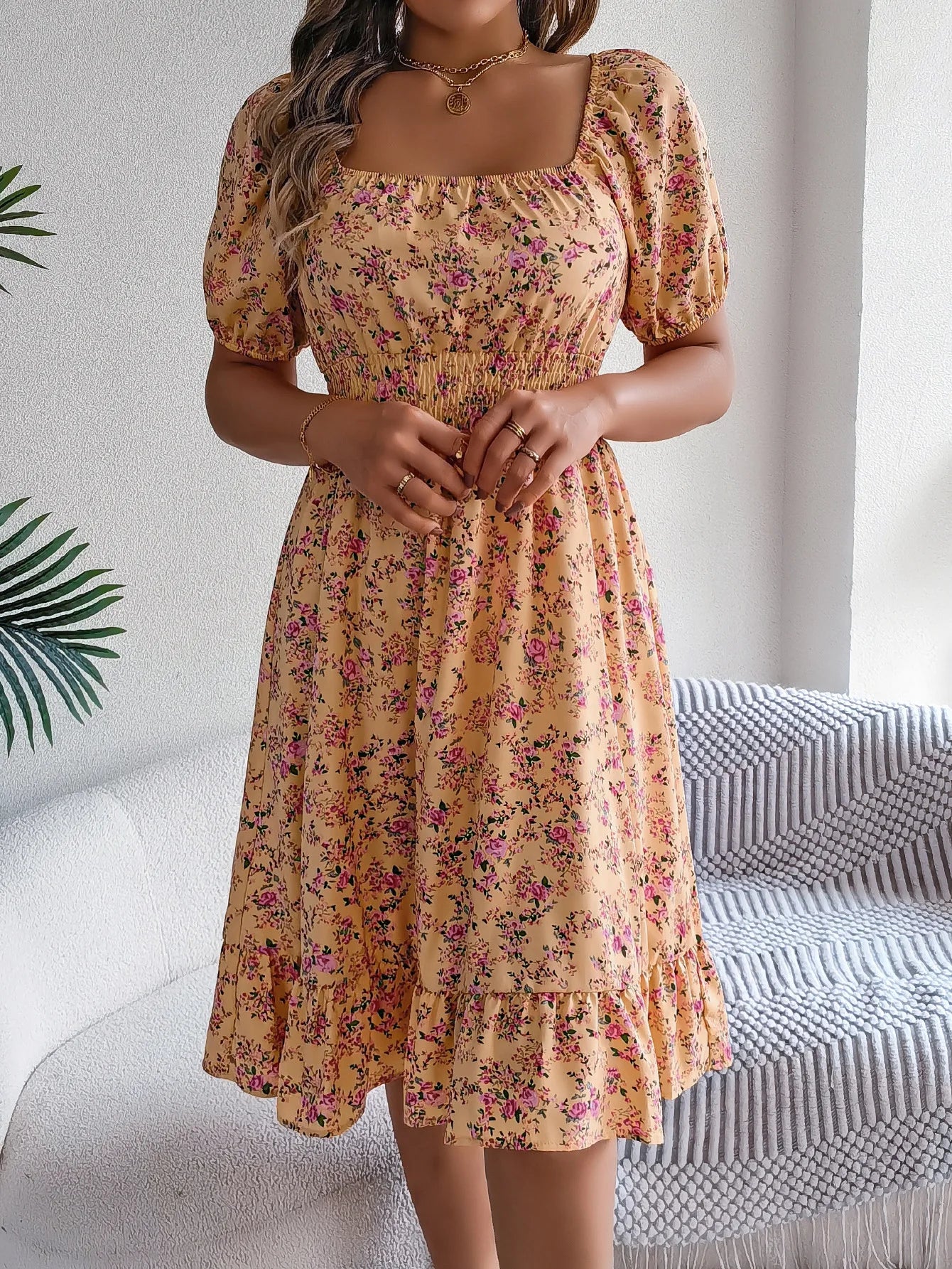 Women's Floral 3D Print Square Neck Dress